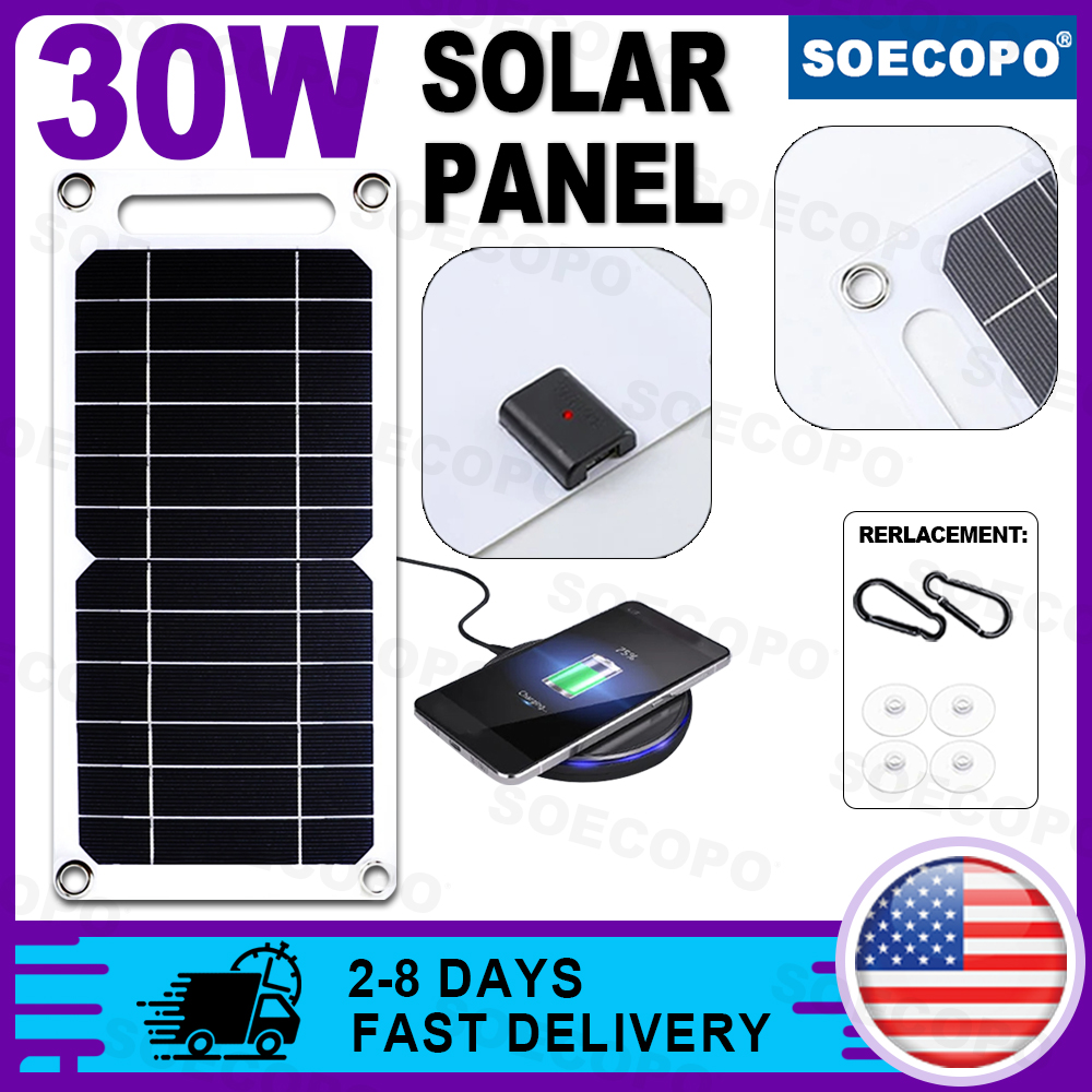 Phone Accessories Warehouse - SOECOPO 30W 軽量フレキシブルソーラーパネルキット、無料ミニソーラーレギュレーター、完全なフックと吸盤アクセサリー付き、携帯電話の屋外キャンプ充電用ポータブル、米国倉庫から2-8日で迅速な国内配送