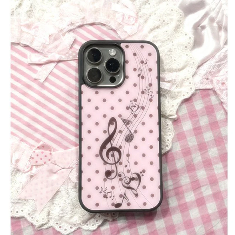 Phone Accessories For Girls - 韓国風ピンクブラウン水玉模様ガールハート音符柄スマホケース iPhone 17 16 15 14