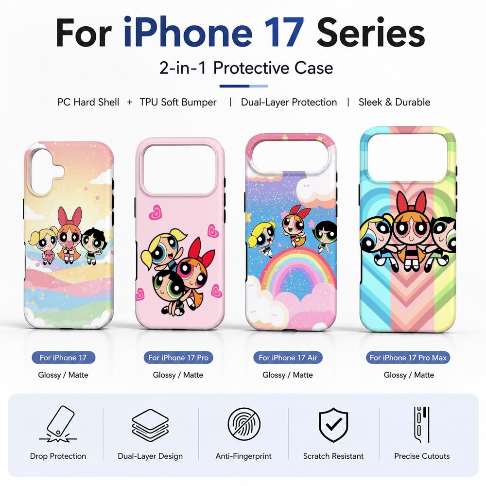 Phone Accessories For Girls - アニメ「パワーパフ・ガールズ」スマホケース フィルム素材 2-in-1 シェル iPhone 17