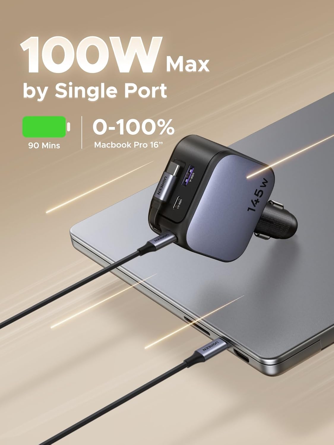 Fast Charging Cable - UGREEN 145W 3C1A格納式車載充電器、USB C車載電話充電器、Type Cケーブル付き急速充電