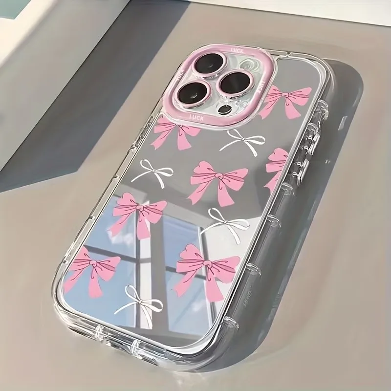 Phone Accessories For Girls - シンプルな青とピンクのリボンが可愛い女の子向けメイクアップミラー付きスマホケース iPhone 17 AIR 16 15