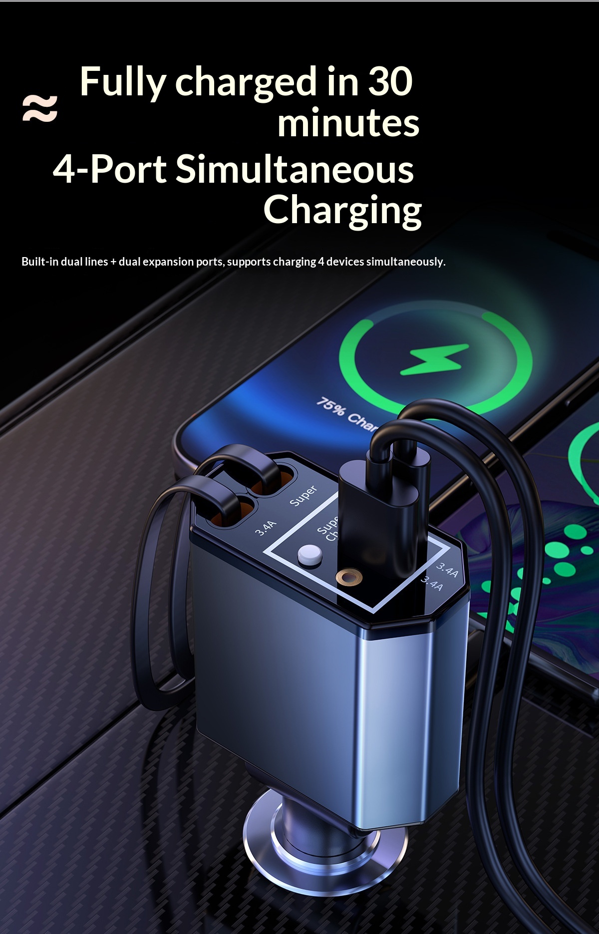 120Wカーチャージャー、伸縮式ケーブル付き、スポットワンか - Fast Charging Cable のレビューと価格