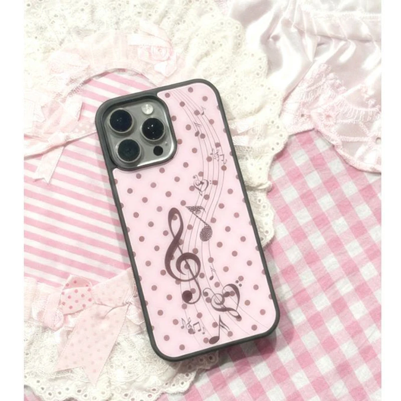 韓国風ピンクブラウン水玉模様ガールハート音符柄スマホケース  - Phone Accessories For Girls のレビューと価格