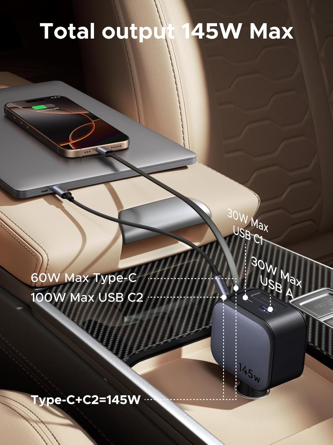 UGREEN 145W 3C1A格納式車載充電器、USB C - Fast Charging Cable のレビューと価格